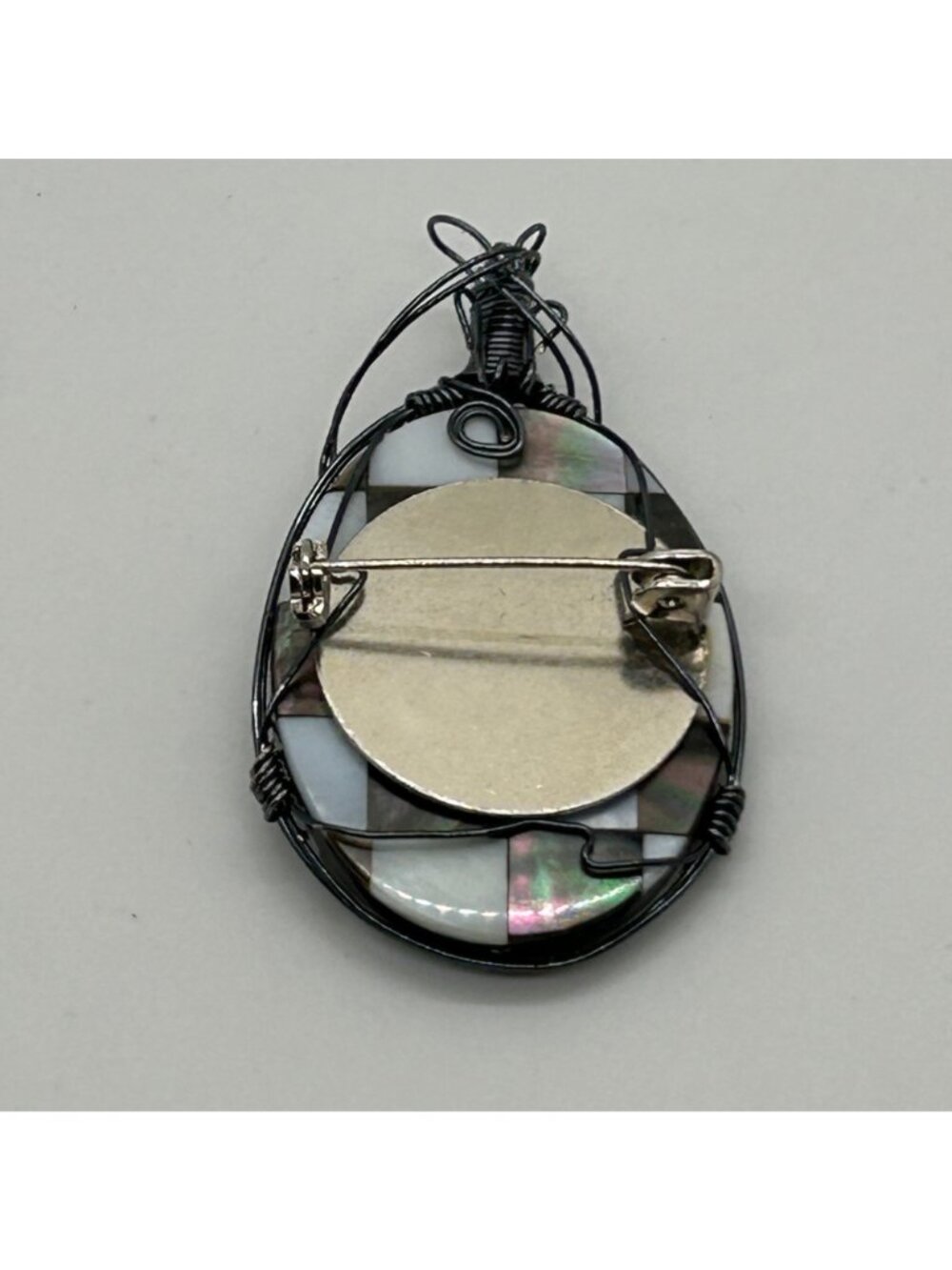 Artisan Wire Wrapped Abalone Mother Of Pearl Mosaic Checkerboard Shell Oval Pend - Picture 9 of 11